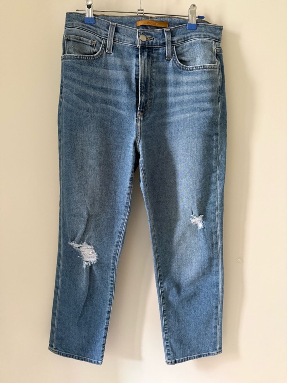 Joe’s High Rise Distressed Straight Jean, Light Wash, Size 28